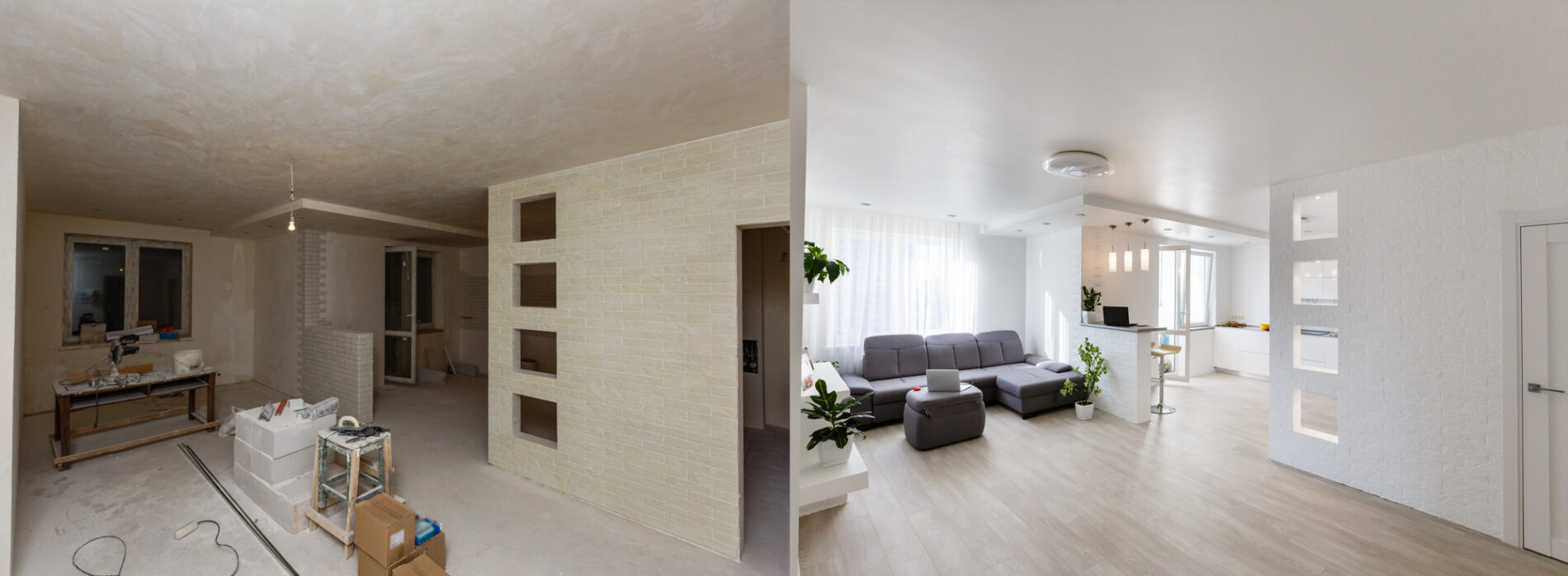 Renovation before and after – empty apartment room, new and old,
